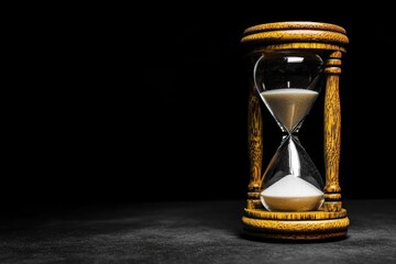 Wall Mural - Timekeeping device with grains of sand trickling down, placed on a table surface