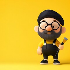 A cheerful cartoon character with glasses and a beret, holding a paintbrush against a bright yellow background.