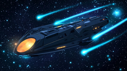 Wall Mural - A futuristic and modern combat spaceship flying in space. Starship Dock. Illustration