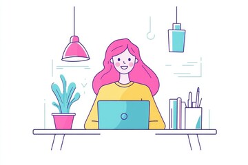 Wall Mural - A woman sits at a desk with an open laptop, focused on her work