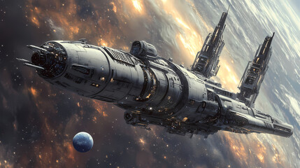 Wall Mural - A futuristic and modern combat spaceship flying in space. Starship Dock. Illustration