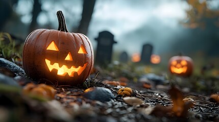 Eerie graveyard scene with crooked tombstones glowing jack o  lanterns and an ominous fog rolling in creating a spooky and supernatural atmosphere