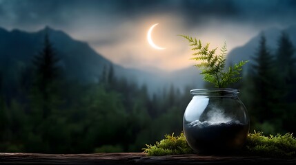 Witch Stirring Bubbling Cauldron in Spooky Moonlit Forest Under Crescent Moon   Fantasy Mystical Supernatural Ritual Scene