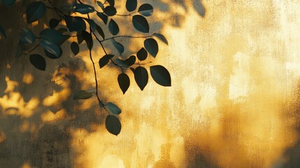 Wall Mural - golden wall shadows from leaves at sunset