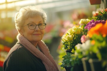 Canvas Print - A woman stands among a bouquet of flowers, perfect for representing creativity or celebration