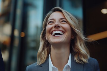 Canvas Print - A smiling woman gazes upwards, lost in thought