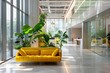© shobakhul - A large open office space with yellow couches, a coffee table, and potted plants,generative ai image