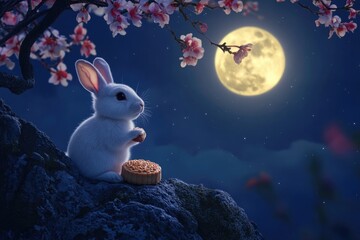 Wall Mural - a rabbit enjoying a snack by the light of a full moon