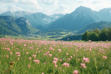 Sticker - A beautiful field of pink flowers with mountains in the background, perfect for travel or nature-themed projects