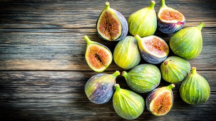 Wall Mural - Luscious Fig Harvest: isolate on white background. An overhead shot of a rustic wooden table covered with ripe figs freshly picked from the orchard. The warm, golden hues of the figs contrast 