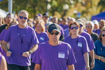 A group of people wearing purple shirts at a charity walk for IBD awareness