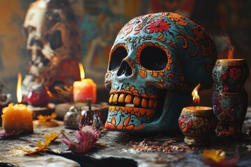 Wall Mural - A colorful skull sits atop a table next to flickering candles, perfect for a Halloween-themed image or adding a touch of whimsy to any scene