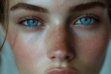 Poster - A close-up shot of a woman's face with visible freckles, suitable for use in beauty or lifestyle contexts