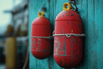 Wall Mural - A pair of red buoys are hung on the side of a building, perhaps as decorative elements or to mark a location