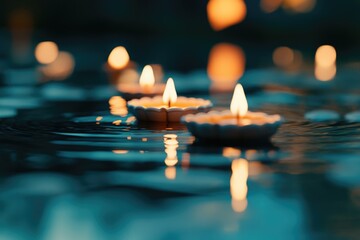 Wall Mural - A group of lit candles floating peacefully on the surface of the water