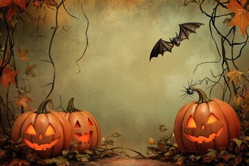 Poster - Two jack-o'-lanterns with bats flying in the background