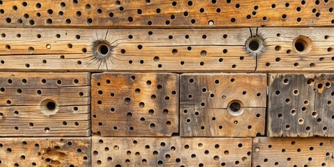 Poster - A weathered wooden panel with various sized circular holes and a natural, worn texture.