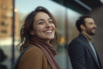 Sticker - A smiling woman stands next to a man in a suit, conveying professionalism and camaraderie