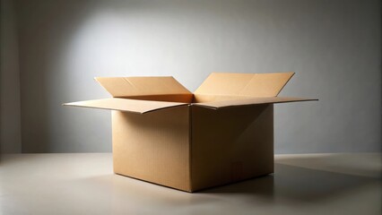 Aufkleber - An empty cardboard box, opened and waiting to be filled, sits on a white surface under a single spotlight against a gray backdrop.