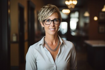 Wall Mural - Portrait of smiling businesswoman with eyeglasses standing in office