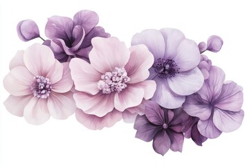 Elegant watercolor flower arrangement with pastel pinks and lilacs, ideal for wedding decor, nature-inspired designs, or botanical art prints