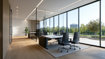 Poster - A large open office space with a glass wall and a view of the city