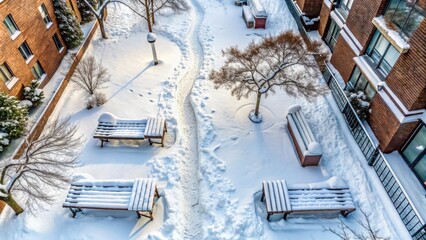 Snow-covered benches and a winding path in a wintery courtyard