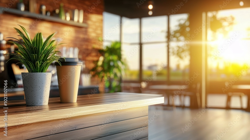 A coffee shop with a wooden counter and a potted plant on it