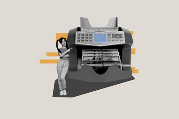 Wall Mural - Composite trend artwork sketch image photo collage of monochrome money usd huge bank count machine woman stand show gesture finger point