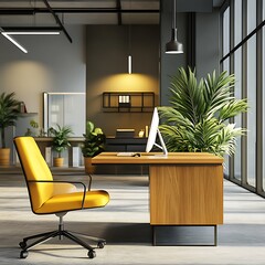 Modern office space featuring a wooden desk, yellow chair, and lush indoor plants.