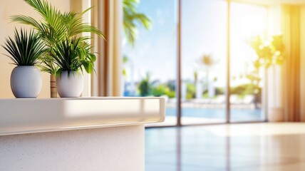 A white counter with two potted plants on it