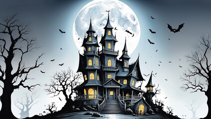 Scary halloween background with haunted house and full moon. Halloween concept with Haunted House. Halloween Night with a spooky house and bats.