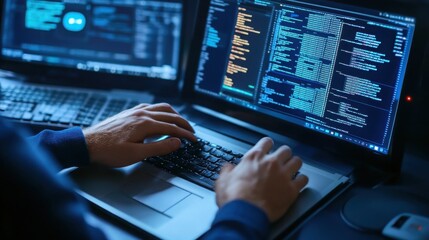 Hands coding on a laptop, dark environment