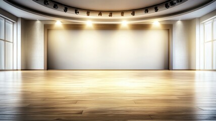 Poster - A large empty room with a stage and a white wall