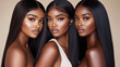 © LotusBlanc - Portrait of Three Black Women with Long, Wavy Straightened Black Hair, Nude Makeup, Lashes Extension in Beige Studio, Glamourous and Sensual African American Females.