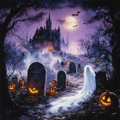 spooky Halloween night scene in a misty graveyard. The moon is full, casting eerie shadows across tombstones, some of which are cracked and covered in ivy. generative ai