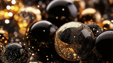 Wall Mural -  The concept of Christmas and New Year holidays. Christmas and New Year decoration black and gold background, with glass balls. Holidays background.
