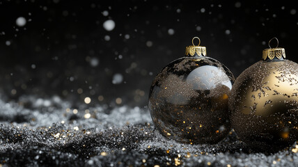 Wall Mural -  The concept of Christmas and New Year holidays. Christmas and New Year decoration black and gold background, with glass balls. Holidays background.
