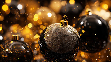 Wall Mural -  The concept of Christmas and New Year holidays. Christmas and New Year decoration black and gold background, with glass balls. Holidays background.
