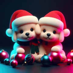 A couple christmas cute puppy with balls on a black background. 3D rendering. Neon lights