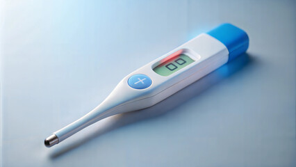 Digital thermometer with temperature reading on a light background, minimalist medical concept