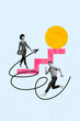 © deagreez - Vertical photo collage of happy american girl climb career ladder arrow promotion run man colleague progress isolated on painted background