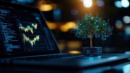 Fototapete - Tree model beside laptop with coding elements
