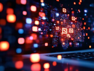 Poster - Abstract digital network with colorful icons.