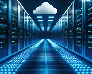 Fototapete - Data center with servers and cloud symbol