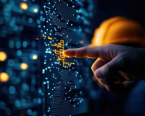 Aufkleber - Hand touching digital circuit board display.
