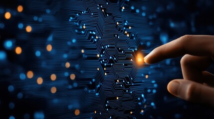 Poster - Hand touching digital circuit board, dark background