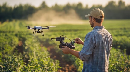 A farmer operating a drone over a lush green field, showcasing modern technology in agriculture during sunset.