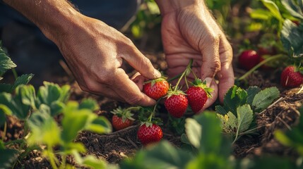 a close-up of hands carefully picking fresh strawberries from a lush green patch in a sunny garden.