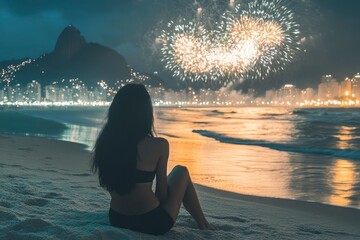 Wall Mural - Iconic and breath-taking fireworks display on Copacabana Beach, Rio de Janeiro, Brazil with generative ai